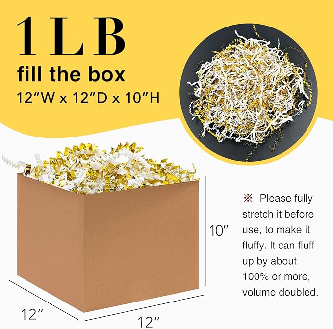 1LB Crinkle Cut Paper Shred Filler for Gift Box Bag and Basket On Holidays(Gold&White)