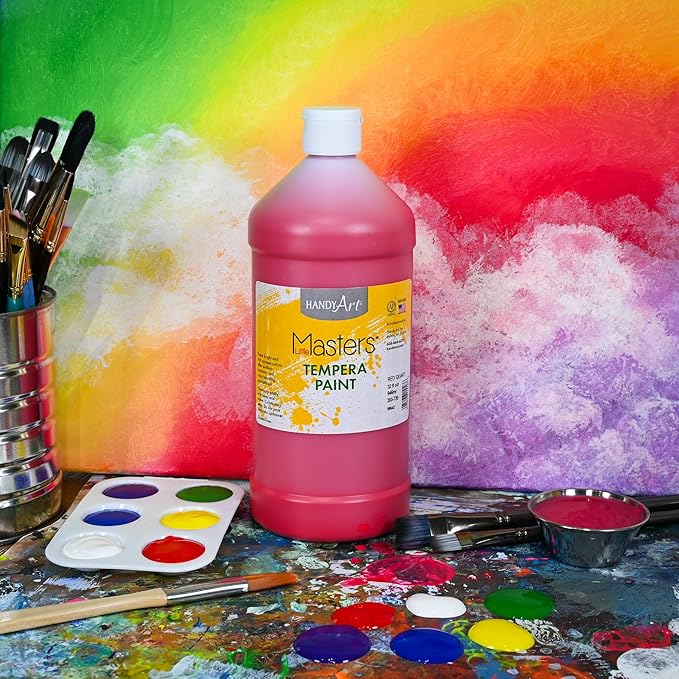 Handy Art Little Masters Tempera Paint, Red, 32 oz Bottle, Bright & Mixable, High Opacity, Washable Colors for Classroom, Students, Kids, Young Artists, Safe & Non-Toxic, Made in USA