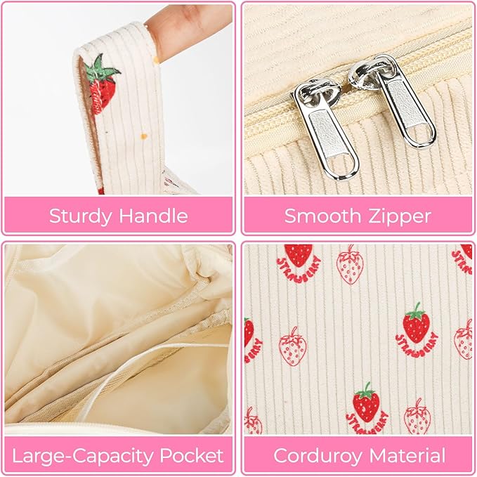 WOBAGMEN Cute Pencil Case,Large Corduroy Zippered Pencil Case Pouch, aesthetic Pencil Bag with Compartments, Pencil Pouch School Supplies (HY-corduroy pc-strawberry)
