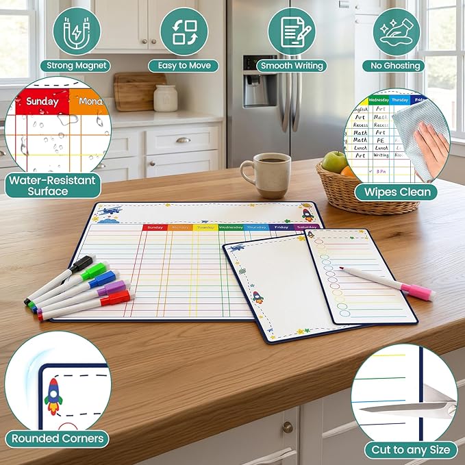 Magnetic Dry Erase Family Chore Chart for Kids and Adults, 3-Pack Weekly Planner, to-Do List & Memo Board, Stay Organized with Strong Magnet Chore Board & 6 Fine Tip Markers