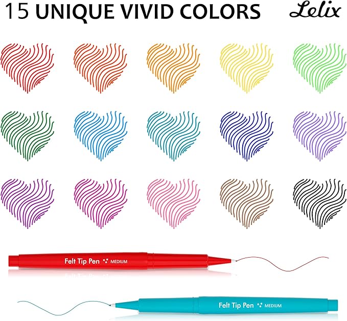 Lelix Felt Tip Pens, 15 Colors, 0.7mm Medium Point, Felt Tip Markers Pens for Journaling, Writing, Note Taking, Planner, Perfect for Art Office and School Supplies