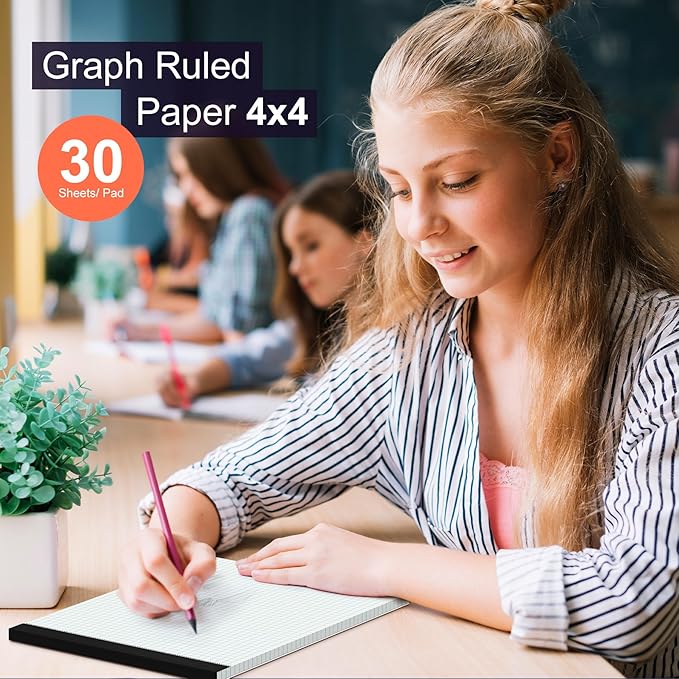 Graph Paper Pad 8.5 x 11 Grid Paper 4x4 Graphing Paper, 12 Pack Grid Paper Pad 30 Sheets per Notepad Graph Ruled Math Paper, Perforated Square Paper Pad 8.5'' x 11'' for Math/Design/Plan/Sketching