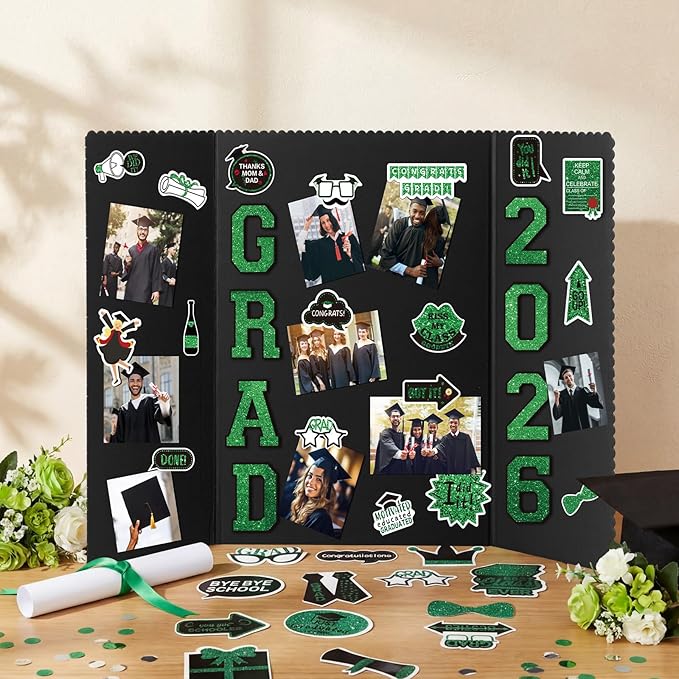 MiniInflat 4 Set 2026 Graduation Picture Trifold Poster Board Double-Sided Foldable Photo Display Board Graduation Decoration for Class of 2026 High School College DIY Craft(Green,24 x 16 Inches)