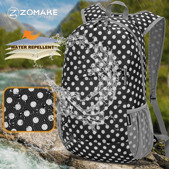 ZOMAKE Lightweight Packable Backpack 20L, Foldable Small Daypack for Hiking | Water Resistant Backpacks Day Bag for Travel Outdoor Camping Sport, Everyday Carry, Multiple Pockets(Black, White Polka Dot)