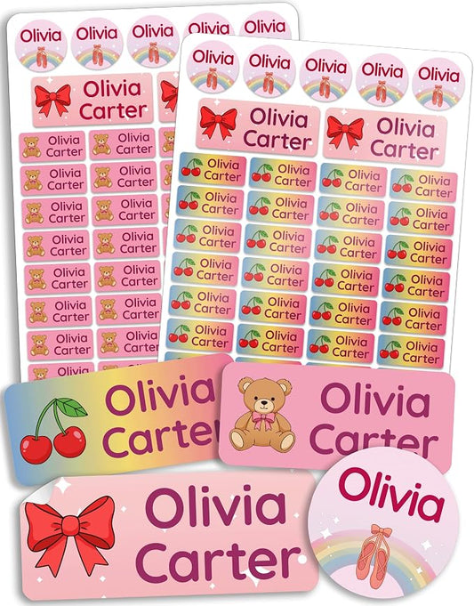 Personalized Daycare Name Labels for Kids [140pcs, Rainbow] - Waterproof Name Stickers for School, Baby Bottles & Clothing - Custom Name Stickers - Washable Stick On Labels (Various Sizes)