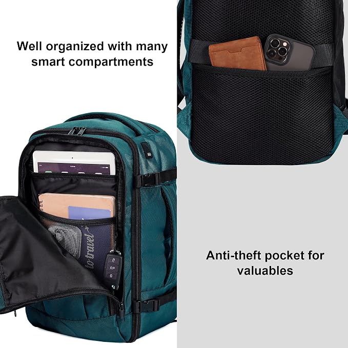 ECOHUB Travel Backpack 18x14x8 Frontier Airlines Personal Item Bag Teal | Carry On Backpack with 13 Pockets, Casual Daypack for Men Women Airline Approved Water Resistant Back pack with Charging Port