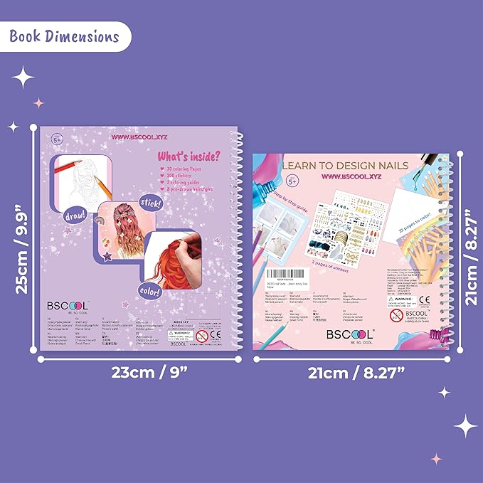 BSCOOL Create Hairstyles & Nail Designs Book Set for Girls Ages 5 and Up – Hair Design & Nail Art Sticker Books with Guides – Creative Birthday Gift for Kids