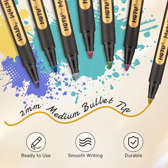 HOTU Metallic Marker Pens, 12 Metallic Paint Markers 2MM Medium Point for Black Paper,Rock Painting, Glass,Scrapbooking Crafts, DIY Photo Album, Eggs Decorating, Card Making,DIY Fabric, Model WP8130a
