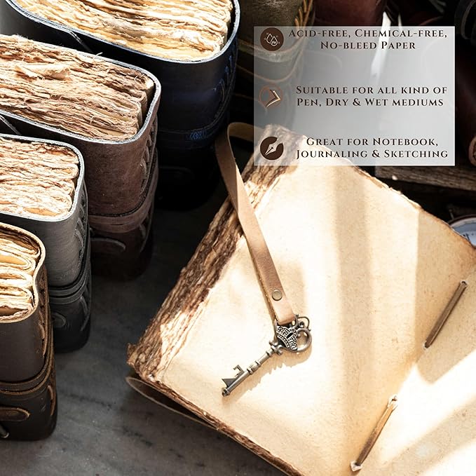 LEATHER VILLAGE Vintage Leather Journal – 200 Handmade Vintage Deckle Edge Paper – Leather bound Journal For Women Men – Vintage Key Closure - Book of Shadows - Cappuccino Brown - 13X8 inches