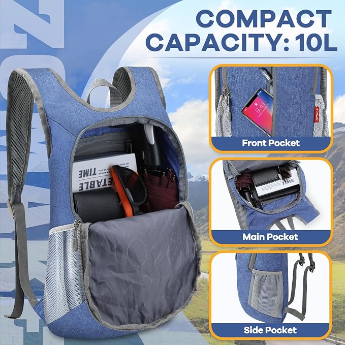 ZOMAKE 10L Ultra Lightweight Packable Backpack, Small Daypack Light Foldable Backpacks Water Resistant Day Bag for Hiking(Dark Blue) | Water Resistant Collapsible Backpacks for Women Men, Everyday Carry, Multi Compartment Storage,Adjustable Strap(Dark ...