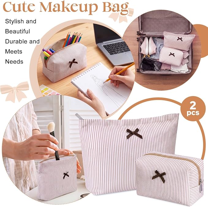 Huhumy 2 Pcs Bow Tie Makeup Bag Set, Stripe Cosmetic Pouch for Women, Seersucker Travel Toiletry Bag, Preppy Makeup Purse Pouch, Aesthetic Skincare Brushes Storage Organizer for Women Gifts (Khaki)