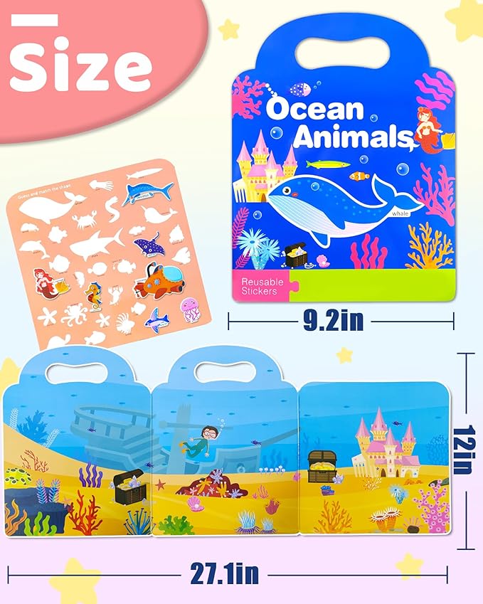 Benresive Reusable Sticker Book for Toddlers, Stickers for Kids, Travel Toys for Arts & Crafts Activities, Birthday Gift for Boys & Girls, Ocean Themes