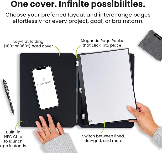 Rocketbook Pro Smart Reusable Notebook, Lined & Dotted Interchangeable Pages, For Work and Business Meetings, Letter Size 8.5x11, Black