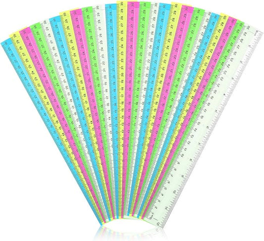Tenare 20 Pieces Clear Plastic Rulers 12 Inch Bulk Straight Rulers with Inches and Centimeters Transparent Shatterproof for Kids Math Supplies Students School Office Measuring Tools(Multicolor)