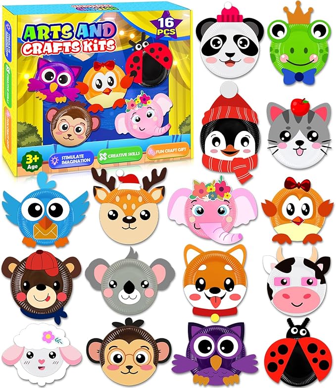 16 Pack Arts and Crafts for Kids, Toddler Crafts Animal Paper Plate Art Kit Gift for 3 4 5 6 Year Old Boys Girls DIY Kids for Birthday Party Favor Preschool Classroom Party Games
