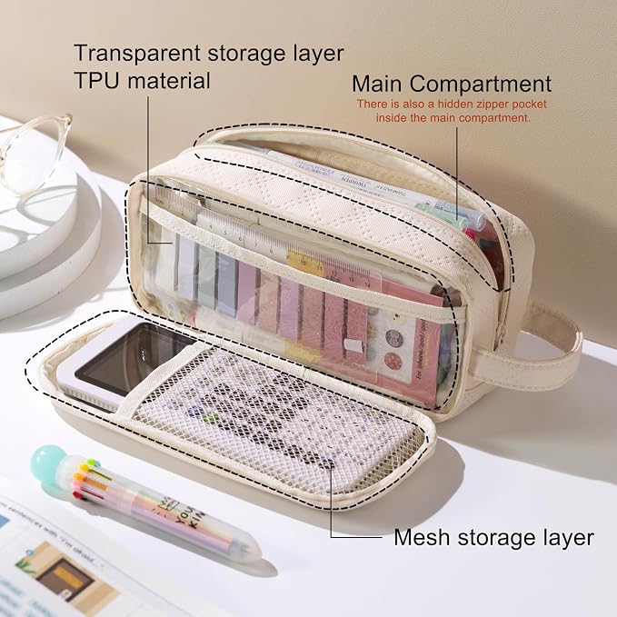 EASTHILL Large Capacity Pencil Case Cute Pencil Pouch with Handle Stationery Pen Bag for Teen Girls-Cream
