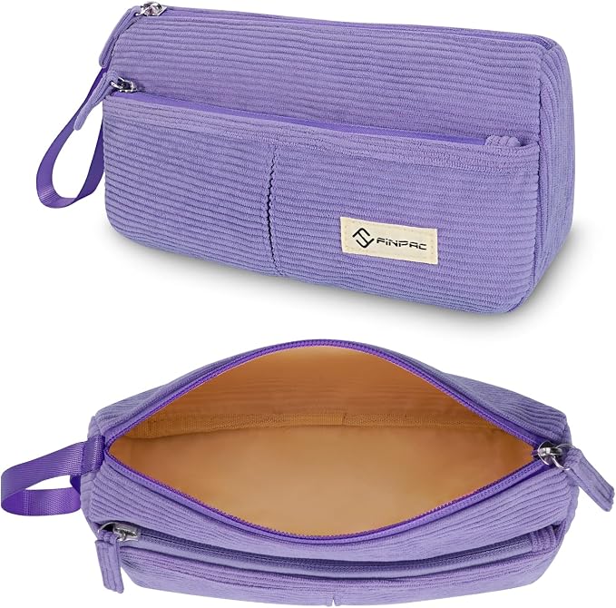 FINPAC Pencil Case, Corduroy Triangle Makeup Bag Kawaii Pen Bag Pouch | Pencil Holder Box Organize for Study, Office, or Travel, Purple
