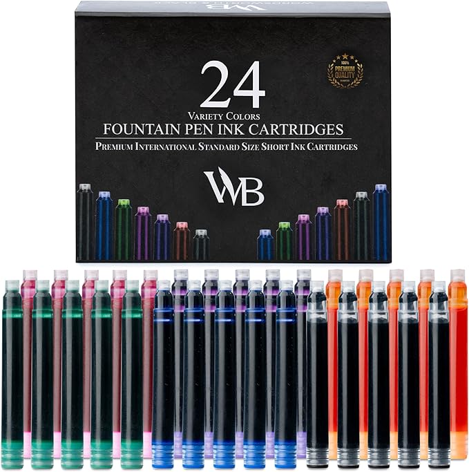Wordsworth & Black 24 Pack Fountain Pen Ink Refills - Set of 24 Assorted Ink Cartridges - International Standard Size - Length APPR 2.3" - Base Diameter APPR 0.24" - Disposable and Generic