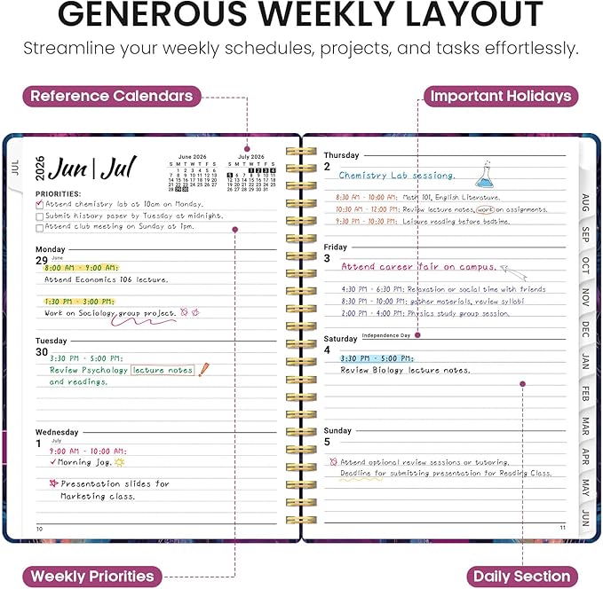Planner 2026–2027, Academic Monthly Weekly Spiral Calendar, July 2026 – June 2027, Hardcover Agenda Notebook with Tabs, 6.3" x 8.5", Perfect for Students, Teachers, School & Daily Planning - Ocean Glow