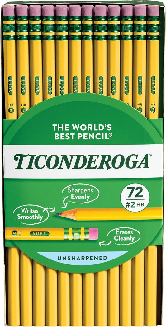 Ticonderoga Wood-Cased Pencils, Unsharpened, 2 HB Soft, Yellow, 72 Count