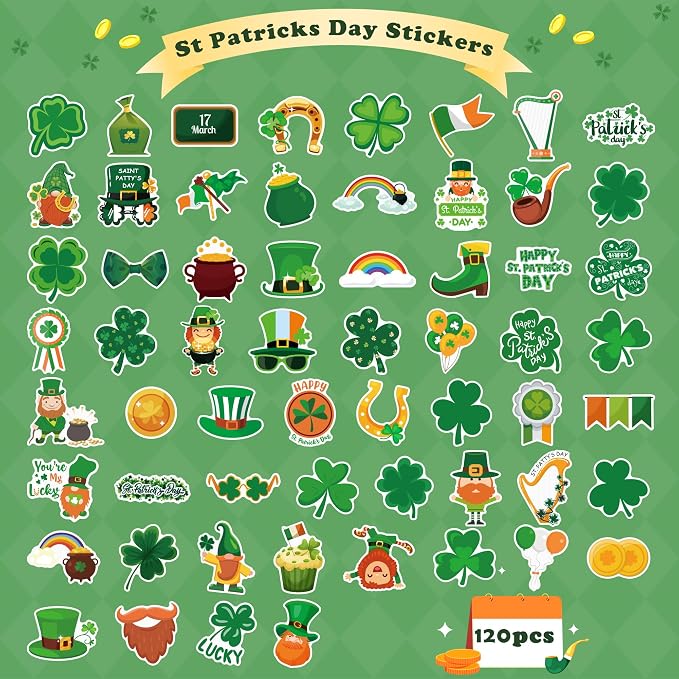 OHOME St Patricks Day Stickers for Kids - 120 PCS St Patricks Day Accessories Shamrock Decorations - St. Patrick’s Day Crafts for Kids - St Paddys Day Gifts Treats Party Favors for Boys Girls