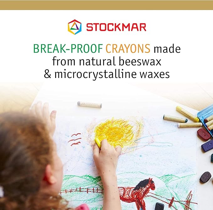 Stockmar Beeswax Block Crayons, Set of 8 - Non Toxic, Safe, Natural Jumbo Crayons For Kids & Adults - Waldorf Homeschool -Waldorf Art Supplies - In Storage Tin Case, Made in Germany