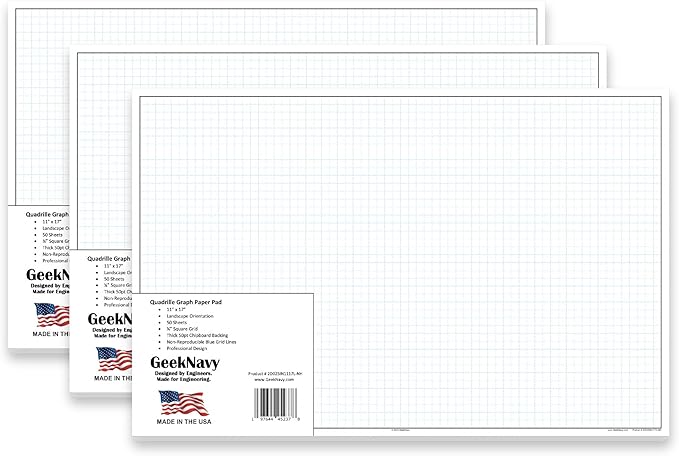 GeekNavy 11" x 17" Quadrille Graph Paper 50 Sheets Landscape - 0.25" 4x4 Square Grid, Blueprint, High Brightness, Border-Outlined, Large Drafting (3-Pack)