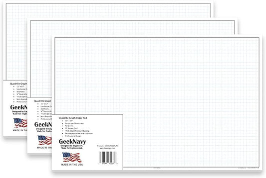GeekNavy 11" x 17" Quadrille Graph Paper 50 Sheets Landscape - 0.25" 4x4 Square Grid, Blueprint, High Brightness, Border-Outlined, Large Drafting (3-Pack)