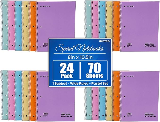 Mintra Office Spiral Notebooks, Wirebound, Journals for School, Work, Business, Aesthetic Stationery, Writing Pads, Teacher & Student Supplies (24, Pastel, Wide)