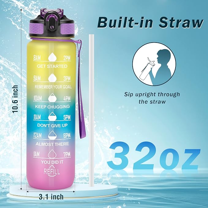 YC Kitchen Motivational Water Bottle with Time Marker - 32oz, Leak-proof BPA Free Sports Water Bottles with Straw & Carrying Strap (Pack of 2)