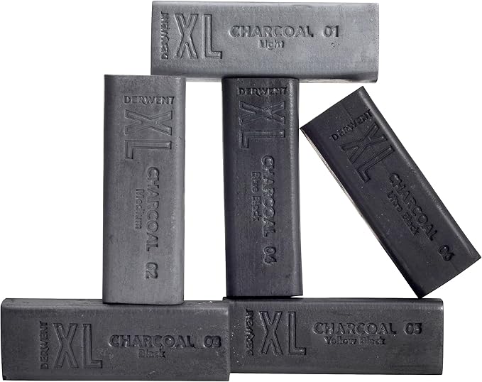 Derwent Charcoal XL Blocks 6 Tin, Set of 6, 60mm Extra-Large Block, Naturally Water-soluble, Ideal for Sketching, Drawing and Expressive Mark Making, Professional Quality (2306196)