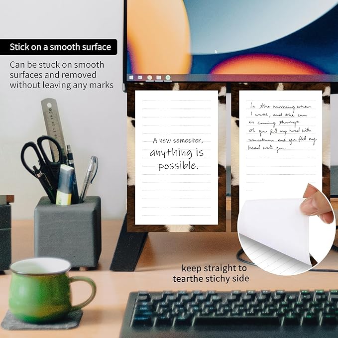 2 Pack Lined Sticky Notes 4x6 in, Cute Self-Stick Notepads with Lines, Large Memo Pads Strong Adhesive for Office, Home Retro Brown Cowhide