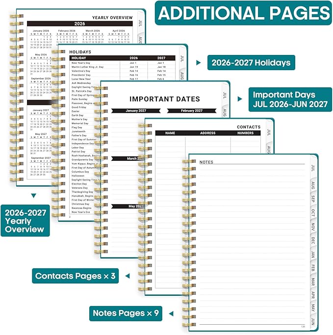 Academic Planner 2026-2027, Weekly and Monthly Calendar Planner Book, July 2026 – June 2027, Hardcover Organizer with Tabs, Perfect for Teachers, Students, Women & Men, A5 (6.4" x 8.5") - Turquoise