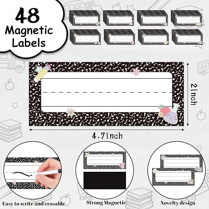 Gueevin 49 Pcs Back to School Magnetic Name Tag and Erasable Pencil, Composition Dry Erase Magnetic Labels Reusable Black Notebook Name Tags for Classroom Whiteboard Bulletin Board Refrigerator Craft