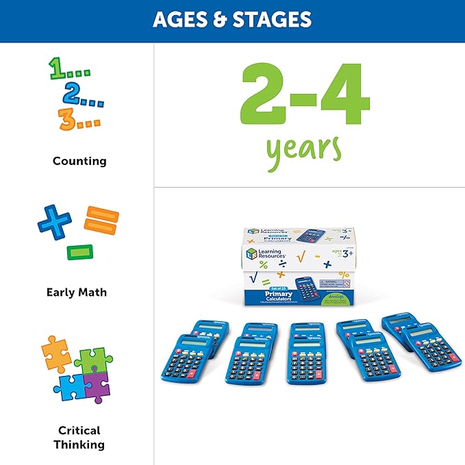 Learning Resources Primary Calculator - Basic Solar and Battery Powered Calculators for Students, Teach Basic Math Operations, School Supplies, Classroom Must Haves for Teachers, Back to School