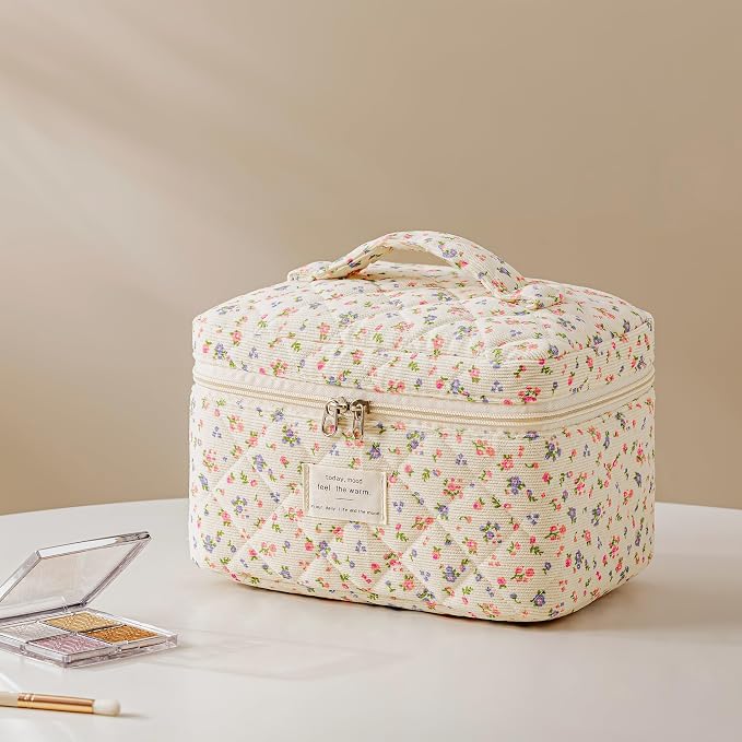 HBselect Quilted Makeup Bag, 3Pcs Cotton Large Travel Makeup Bags Organizer | Cute Floral Make up Bag Cosmetic Bag Toiletry Bag for Women Girls, Makeup Pouch for Skincare, Brushes & Travel Essentials
