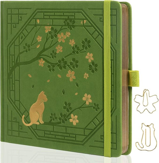 TIEFOSSI Square Dotted Journal, Cute Cat Journal for Women Girls, Dot Notebook with Pretty Sakura Pattern, Aesthetic Diary for Writing Journaling Drawing, Golden Edges, 8 x 8 IN