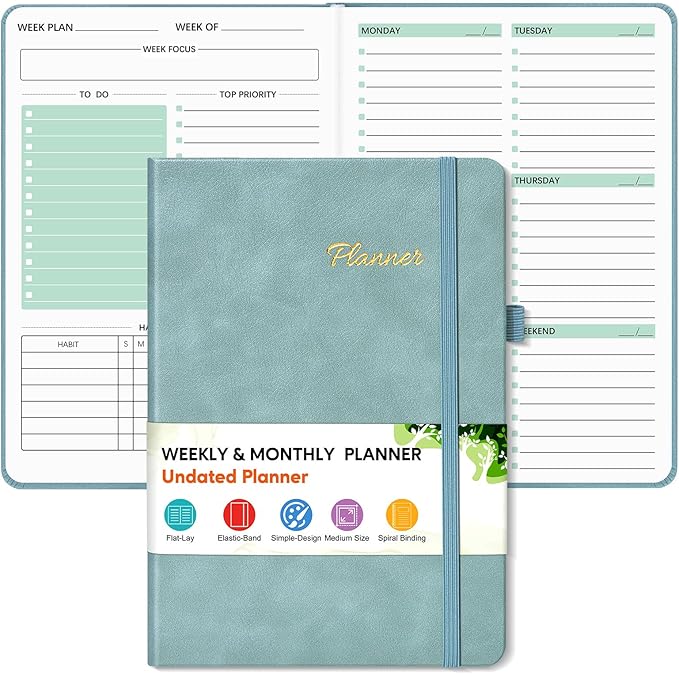 Undated Weekly and Monthly Planner, Hardcover Leather Calendar Blank Planner, Simplified To Do List Notebook with Goal & Habit Tracker Organizer, A5 Daily Weekly Planner for Work School Home, Blue