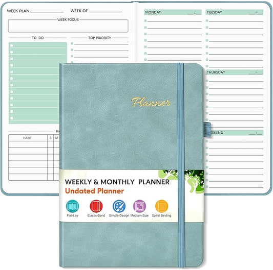 Undated Weekly and Monthly Planner, Hardcover Leather Calendar Blank Planner, Simplified To Do List Notebook with Goal & Habit Tracker Organizer, A5 Daily Weekly Planner for Work School Home, Blue