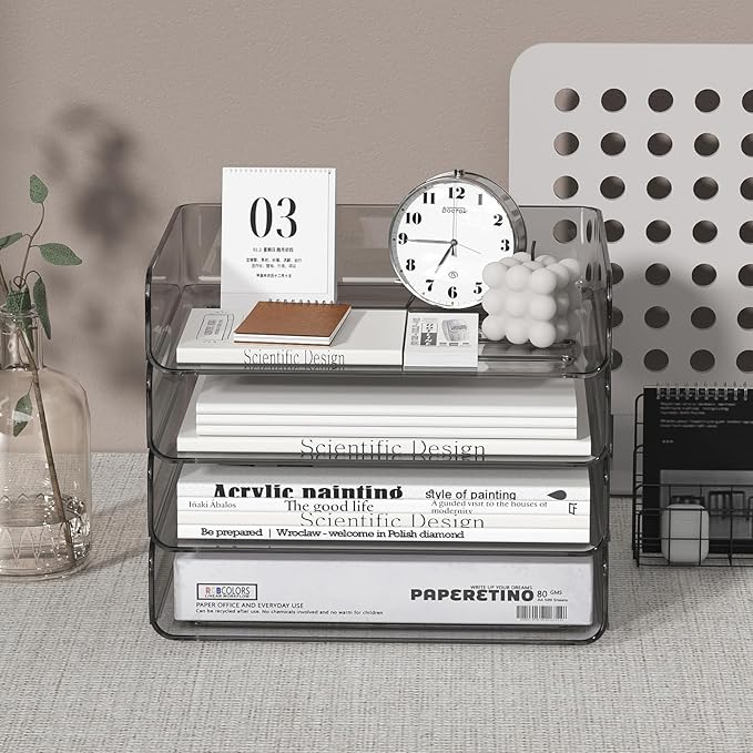 FANXIYQ 4-Tier Horizontal Acrylic Paper Tray Organizer | Clear Stackable Desk Organizer for Documents, Letters, A4 Paper | Modern Office/Classroom/Home Organization,Brown
