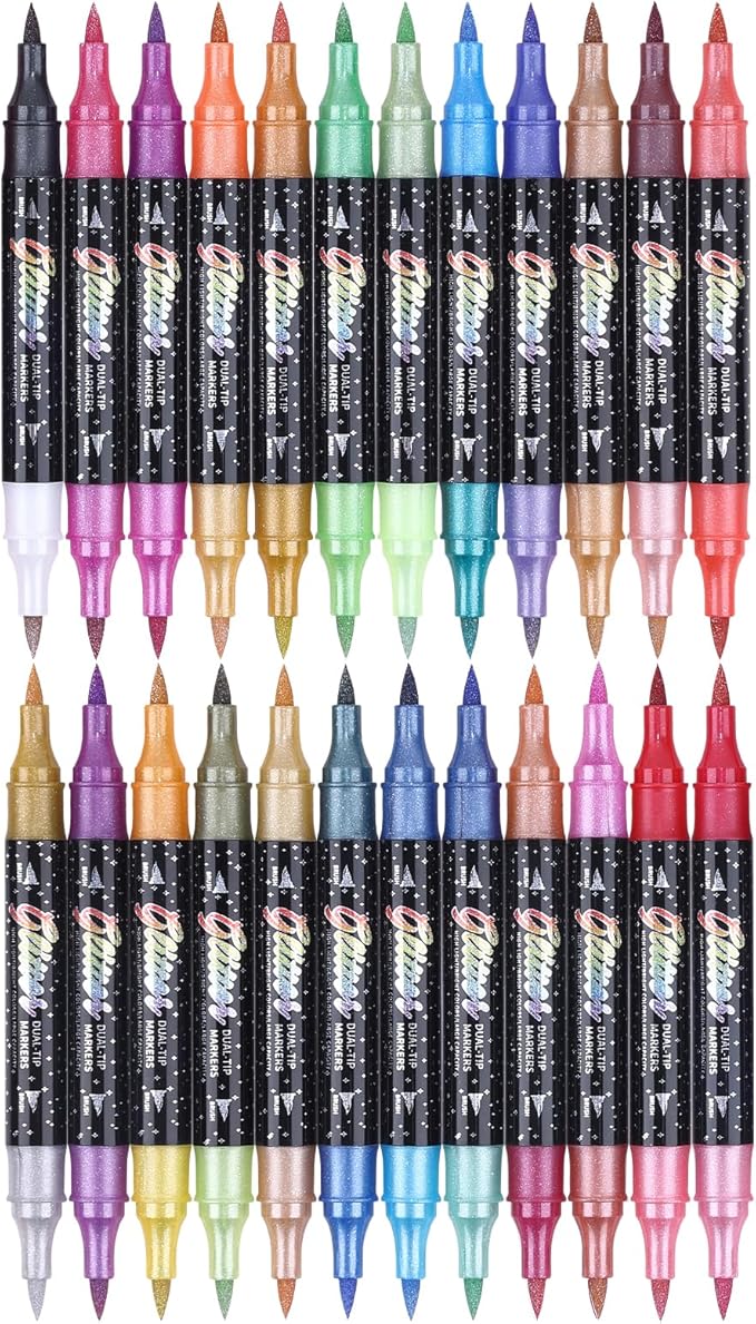KEMYR Glitter Effect Brush Markers Pens,48 Colors Dual Tip Glitter Pens Set 24 Pack Metallic Sparkle Markers for Cards, DIY Crafts, Doodle, Writing, Adults Coloring Books, Art Supplies Scrapbooking