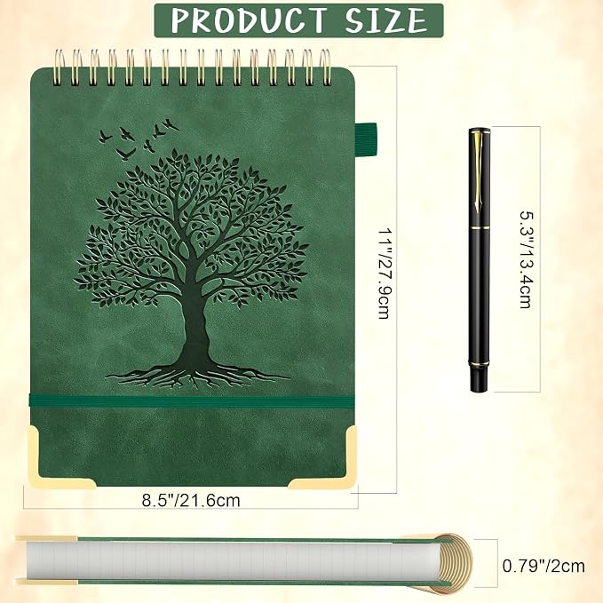 Mousbull A4 Top Spiral Notebook, Tree Pattern Large Leather Hardcover Left Handed Journal, 240 Pages 100 Gsm Lined Paper Top Bound Steno Pads for Work, School, Travel Writing - Green, 8.5" x 11"