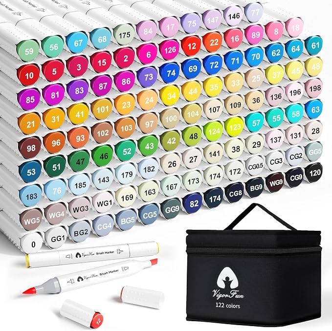 VigorFun Alcohol Markers Brush Tip, 122 Colors Dual Tip Brush & Chisel
