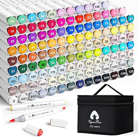 VigorFun Alcohol Markers Brush Tip, 122 Colors Dual Tip Brush & Chisel