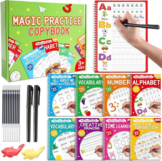 Magic Grooved Writing Practice Books for Kids 3-10, Large Reusable Handwriting Workbooks with Disappearing Ink, 3D Tracing Book Toy Gifts for Kindergarten Summer Workbook Preschool Learning Activities
