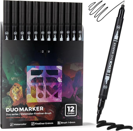 ZSCM Black Duo Tip Marker Pens, 12 Pack Fine & Brush Markers for Adult Coloring Books No Bleeding, Jet Black Markers for Outlining, Sketching, Japanese Manga, Calligraphy and Graphic Novels