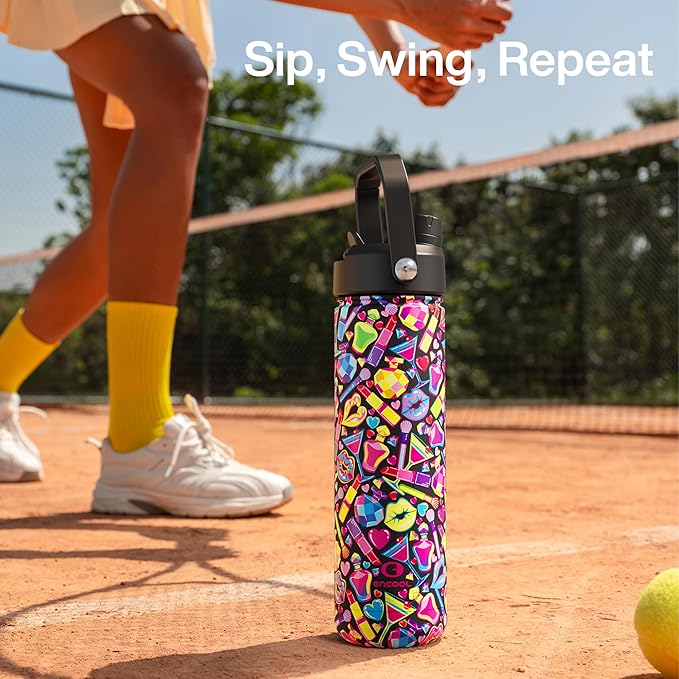 ENCOOL Insulated Water Bottle with Straw Stainless Steel Water Bottle, Leak-Proof, BPA-Free, Double Wall Vacuum Keeps Cold for 24 Hours for Sports, Travel, School (26 oz, Cosmetic Party)