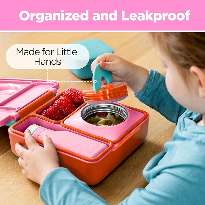 Omie OmieBox Kids Insulated Leakproof Bento Lunch Box with Food Jar (Pink Berry) (Pack of 2)