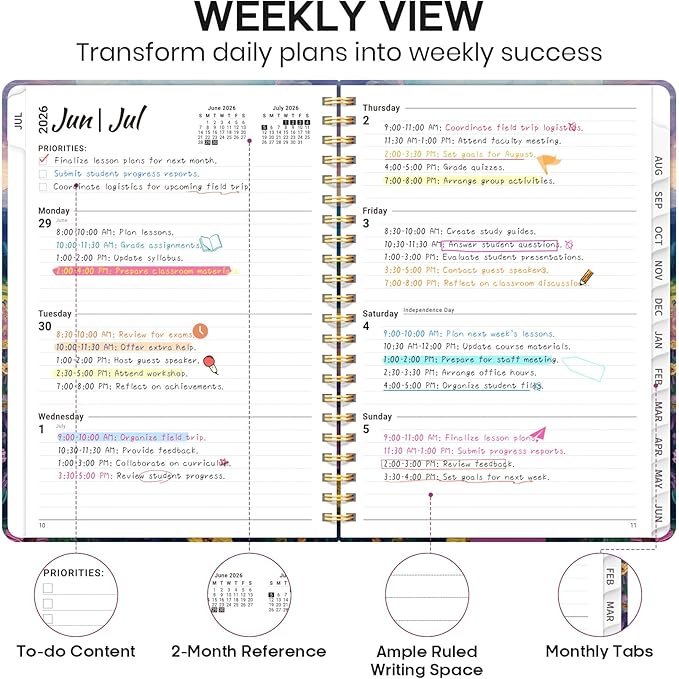 Academic Planner 2026-2027, Weekly and Monthly Calendar Book, July 2026 – June 2027, Hardcover Planner with Tabs, Perfect for Teachers, Students, Women & Men, A5 (6.4" x 8.5") - Blush Horizon