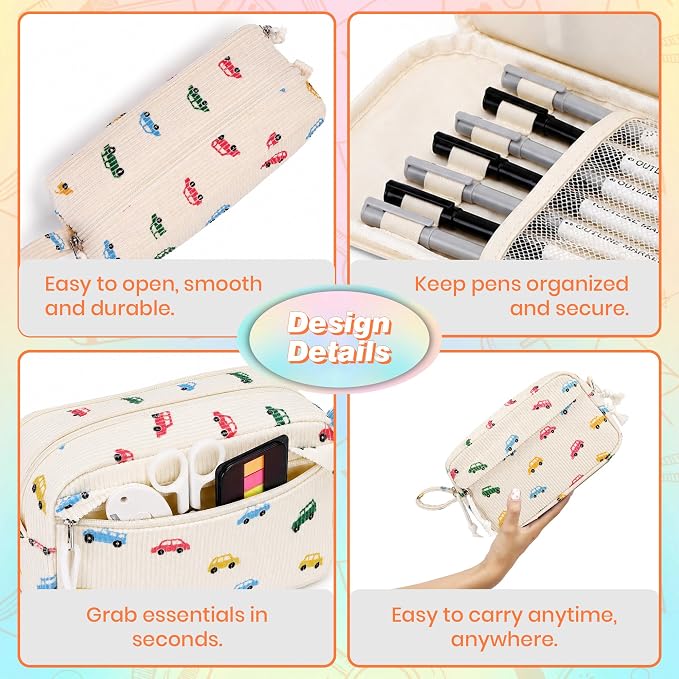 Big Capacity Pencil case,Soft Corduroy Pencil Bag with 3 Compartment,Pencil Pouch School Supplies Cute Pencil Box Pencil Bag for Teen Girls Boys College (Colorful Car)